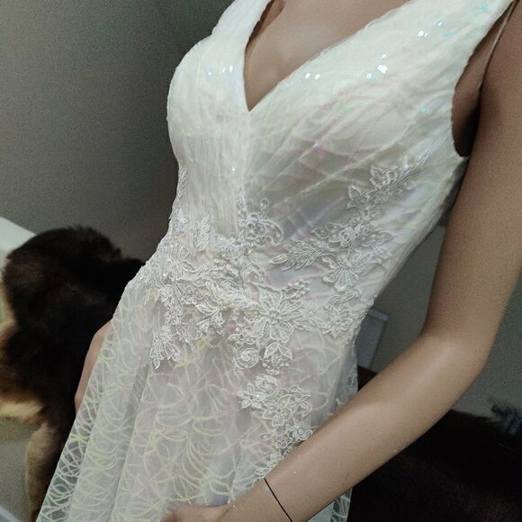 Color Shifting Sequins & Beaded Embroidered Lace Tulle Gown, White Wedding Dress - Picture 9 of 17